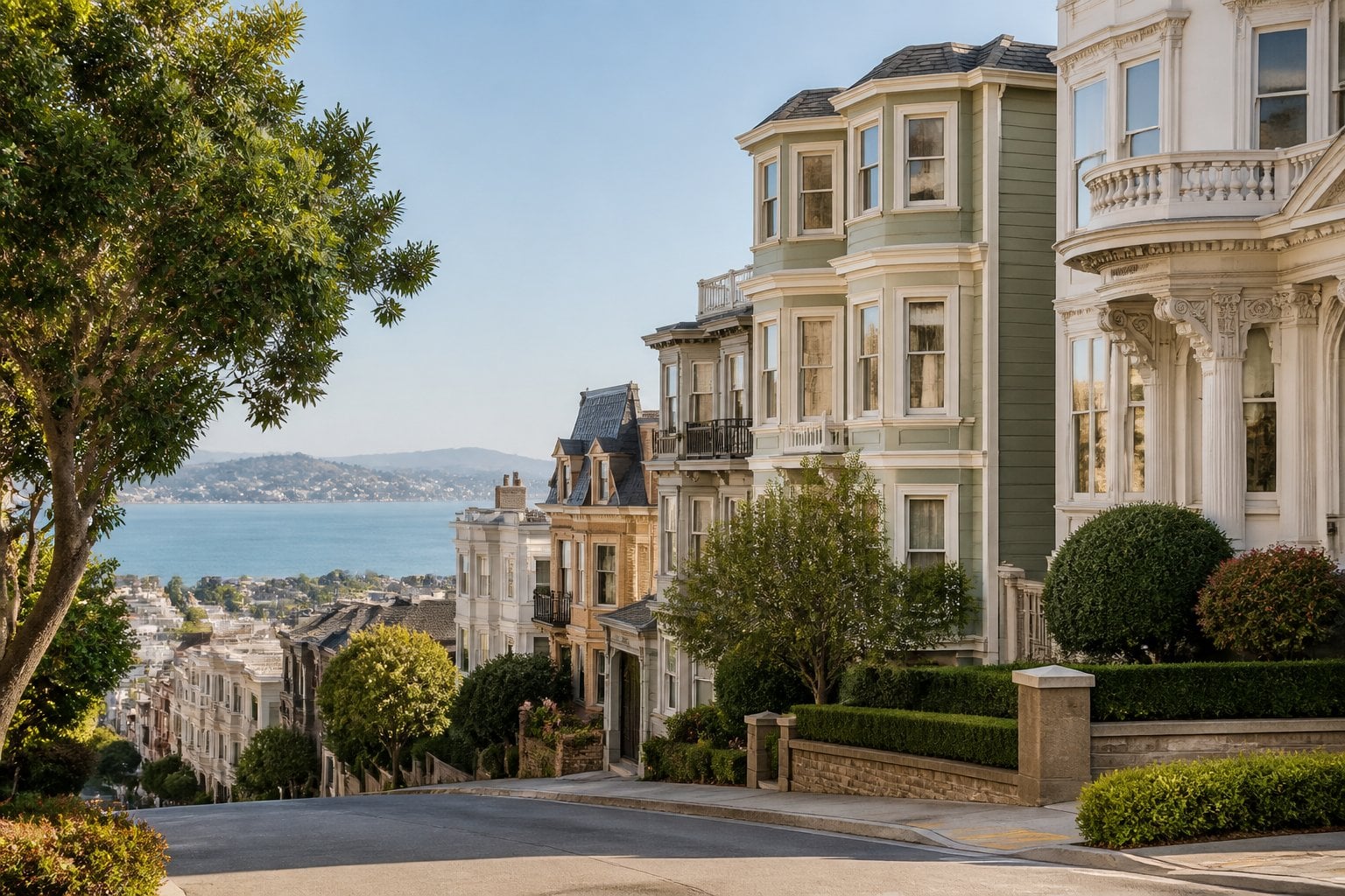 Elegant Victorian homes lining a tree-filled street in Pacific Heights with distant views of San Francisco Bay.