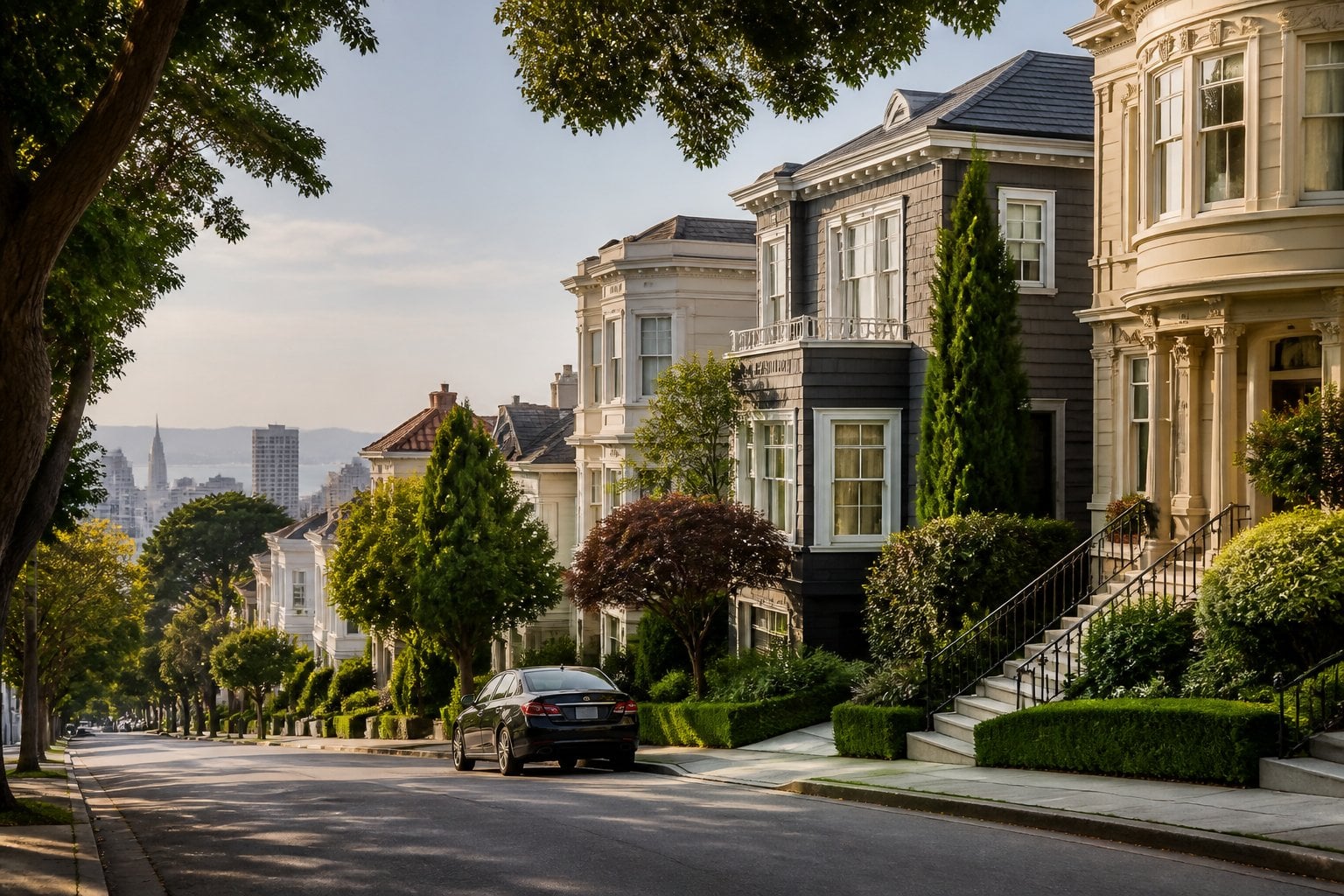A tree-lined Presidio Heights street with elegant historic homes, landscaped gardens, and distant San Francisco hills.