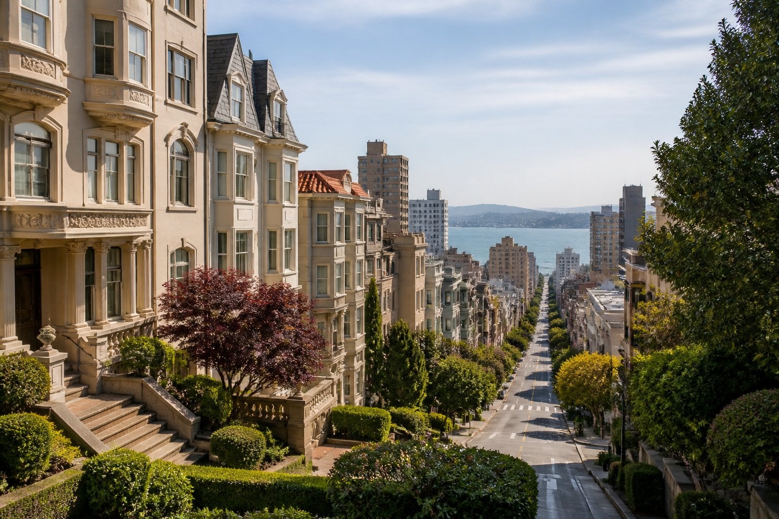 Elegant historic buildings and steep streets on Nob Hill with views toward San Francisco Bay.