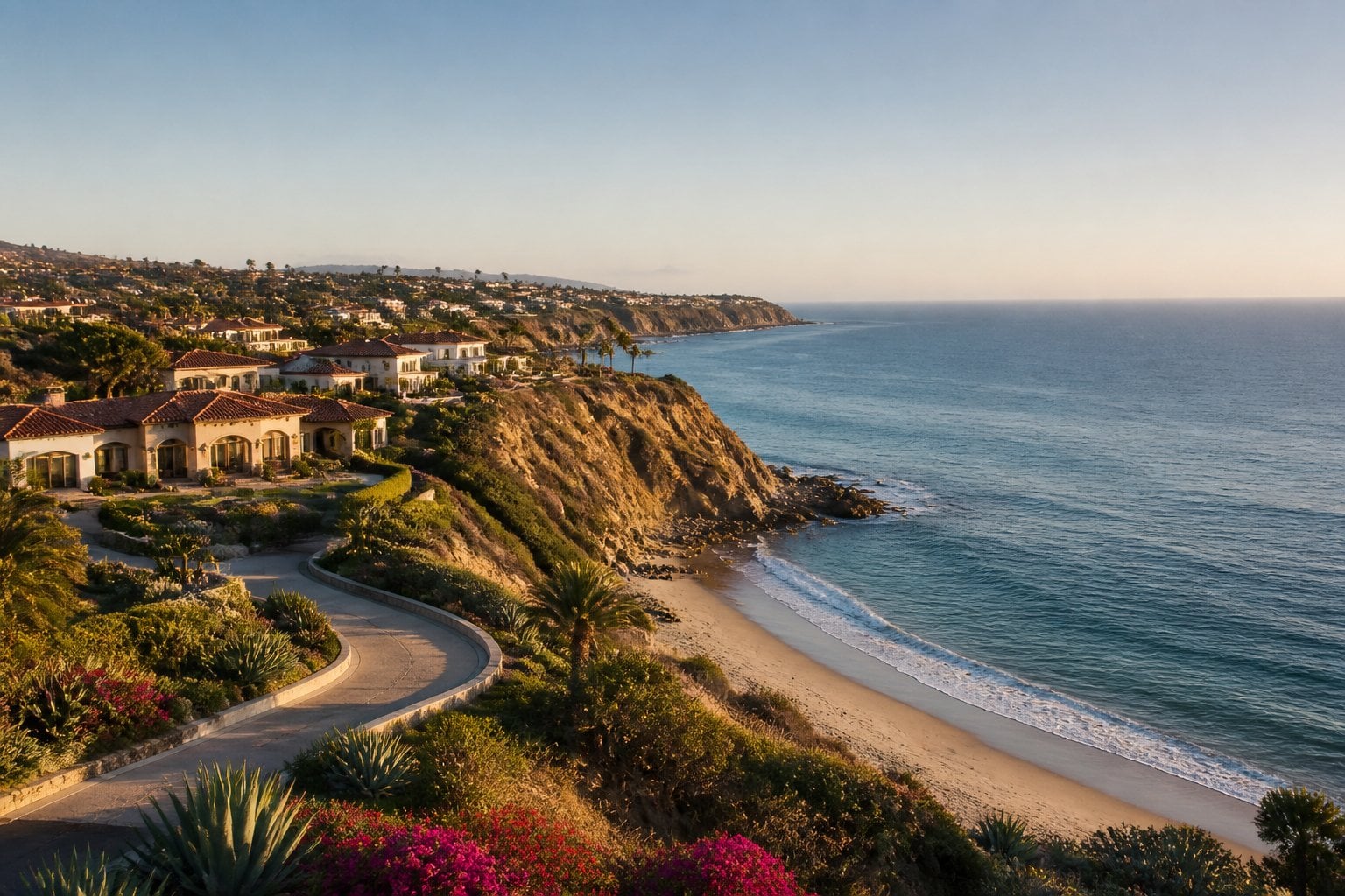 A luxurious coastal neighborhood on cliffs above the Pacific Ocean in Newport Beach, California.