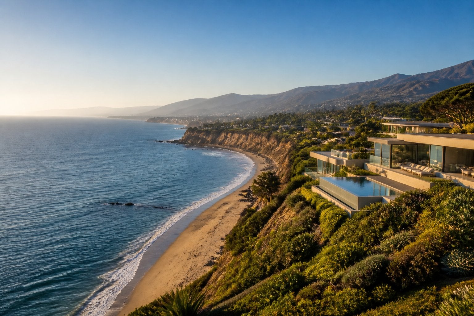A luxury hillside neighborhood overlooking a beach and the Pacific Ocean in Malibu.