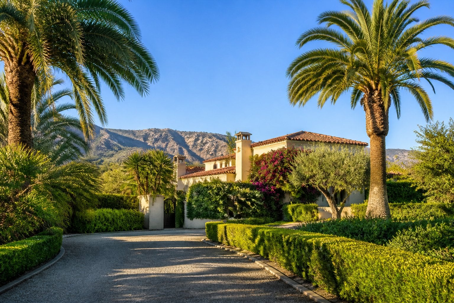 A luxurious Montecito estate surrounded by lush landscaping, palm trees, and rolling California hills.