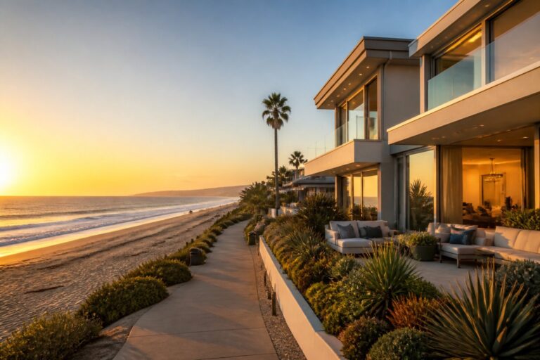 An upscale beachfront home overlooking the sandy shore and Pacific Ocean in Manhattan Beach, California.