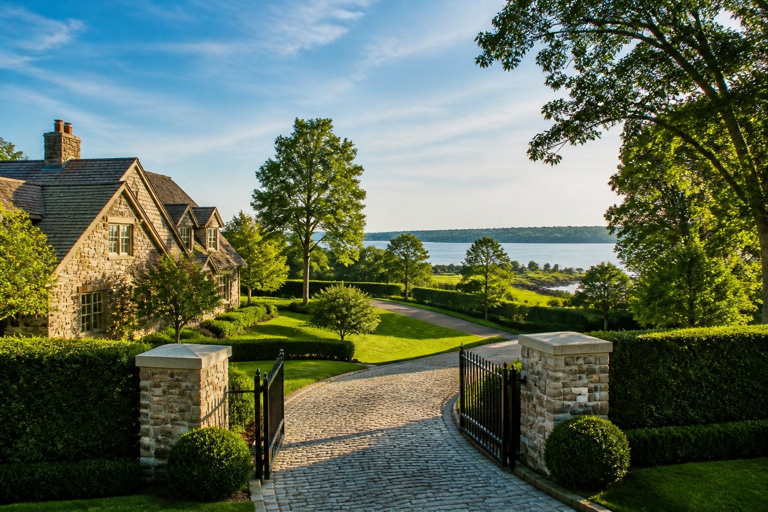 An elegant coastal estate surrounded by manicured lawns and mature trees in Greenwich, Connecticut.