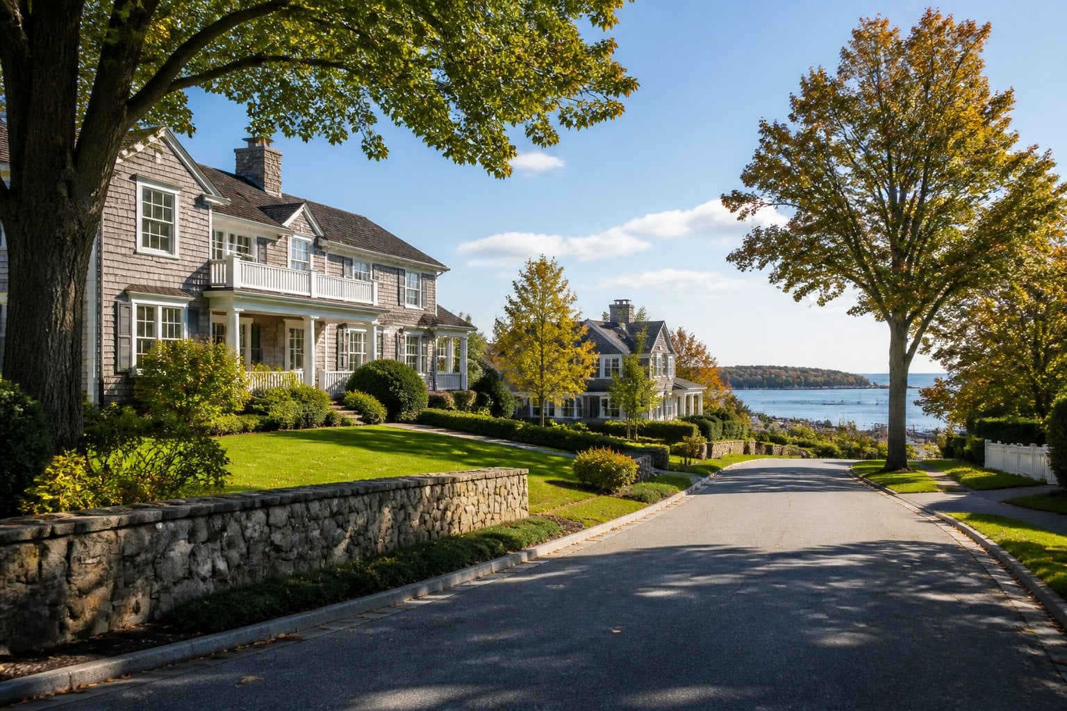 An elegant coastal residential street in Darien, Connecticut, lined with upscale homes, manicured lawns, mature trees, and a distant harbor view.