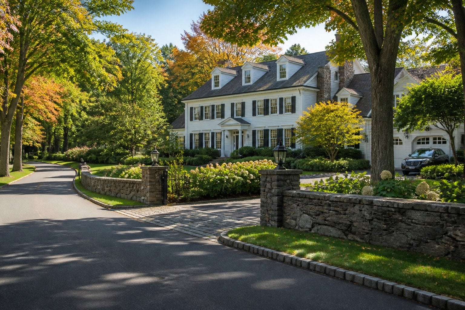 A stately home and landscaped grounds along a tree-lined road in New Canaan, Connecticut.