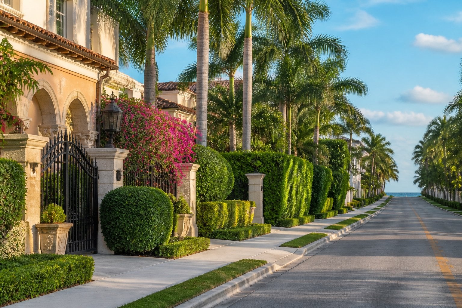 A palm-lined street with luxurious homes and tropical landscaping in Palm Beach, Florida.