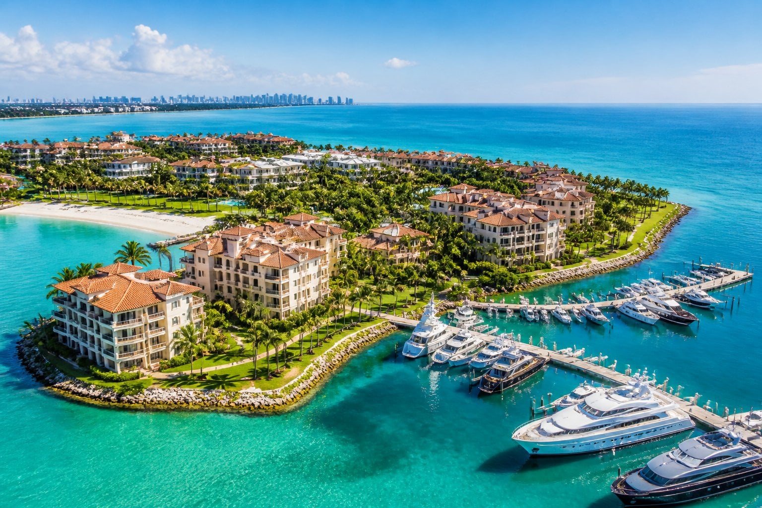 Aerial view of a luxurious tropical island neighborhood with waterfront homes, palm trees, turquoise water, and a marina filled with yachts.