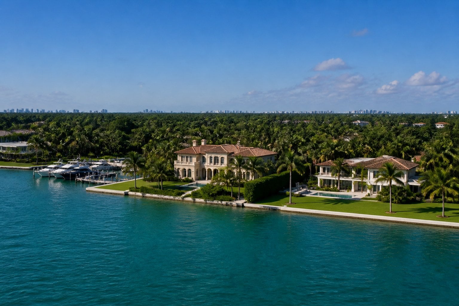 A tropical waterfront neighborhood with luxurious homes, palm trees, calm blue water, and yachts.