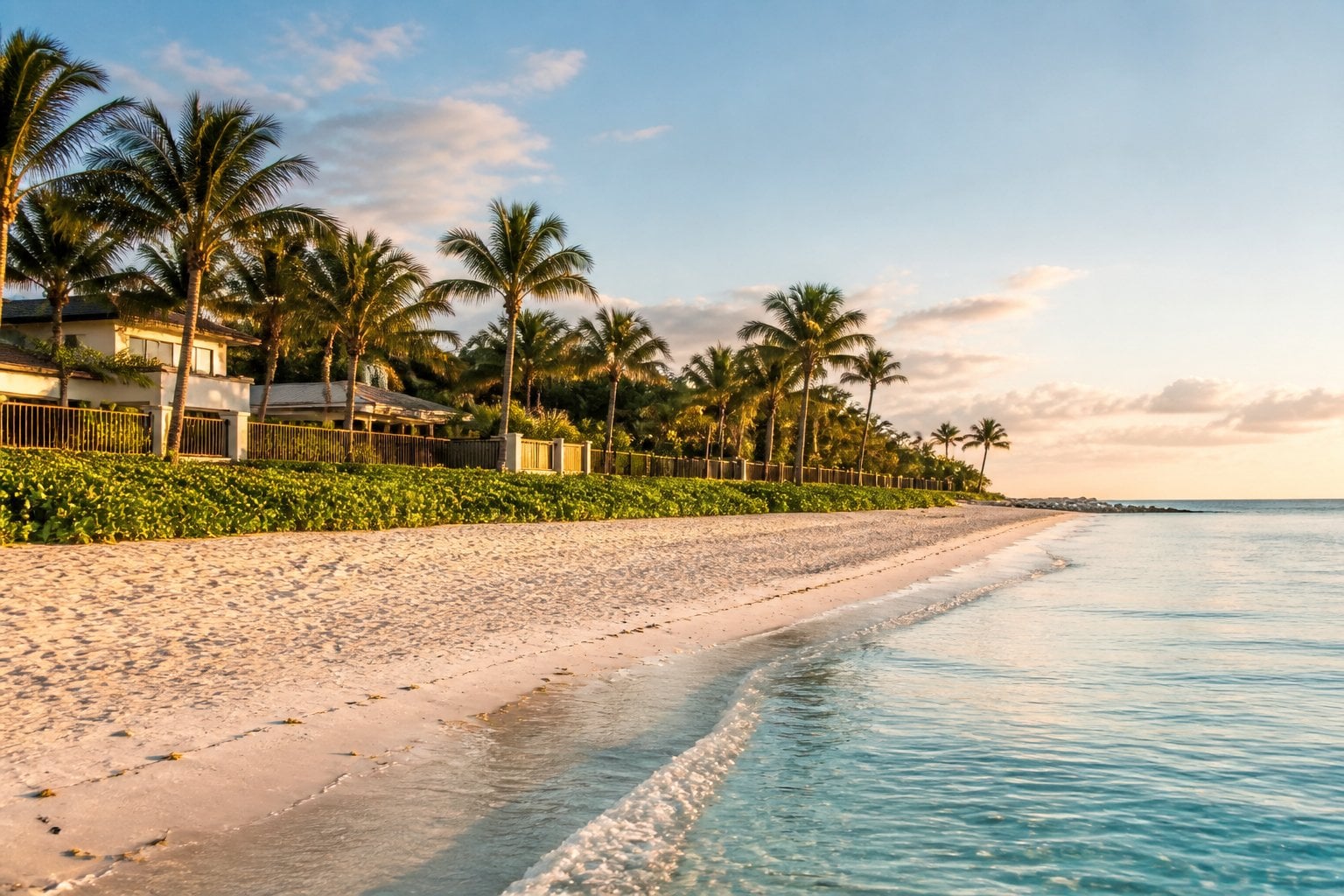 A secluded white-sand beach with turquoise water, palm trees, and elegant oceanfront homes in Golden Beach, Florida.