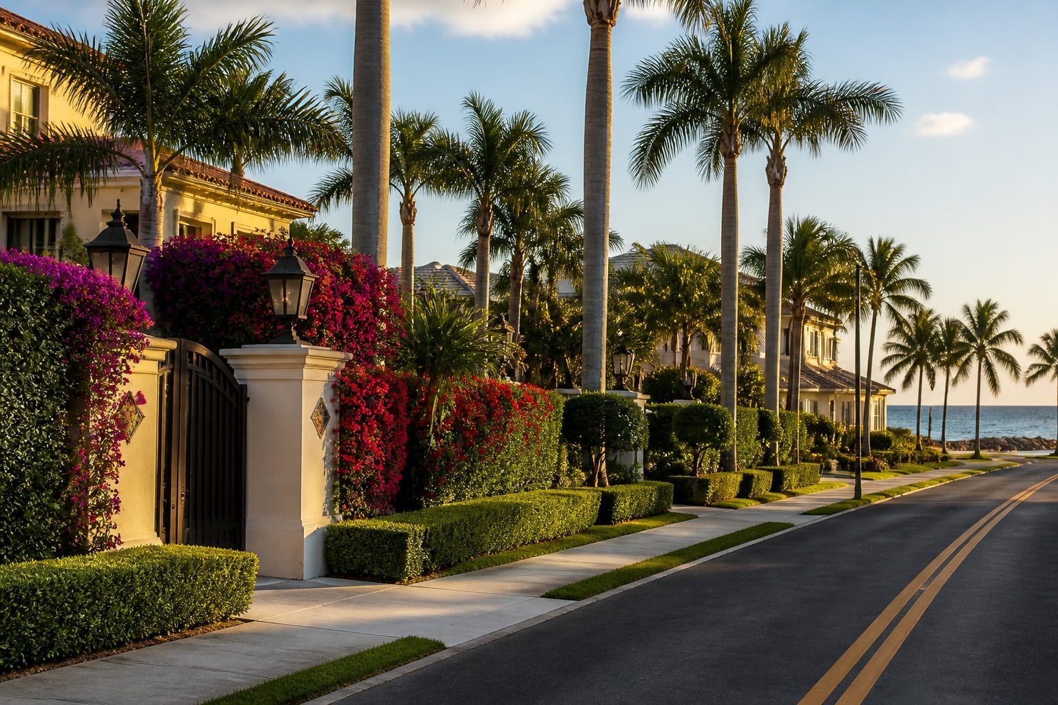 A luxurious tropical residential street in Naples, Florida, with elegant homes, palm trees, manicured landscaping, and the Gulf coast in the distance.