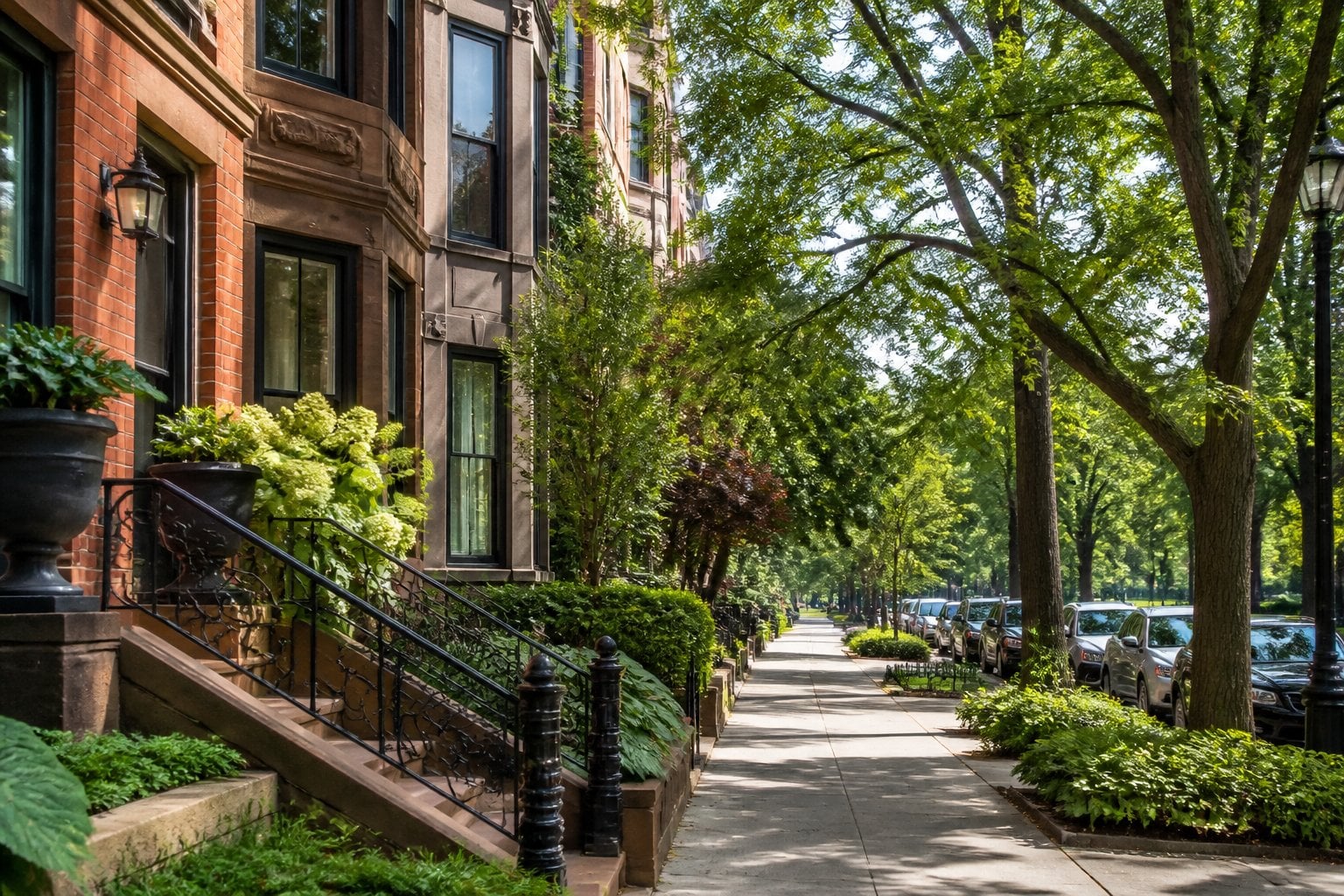 A tree-lined Lincoln Park street with elegant brick homes, landscaped sidewalks, and a nearby green space.
