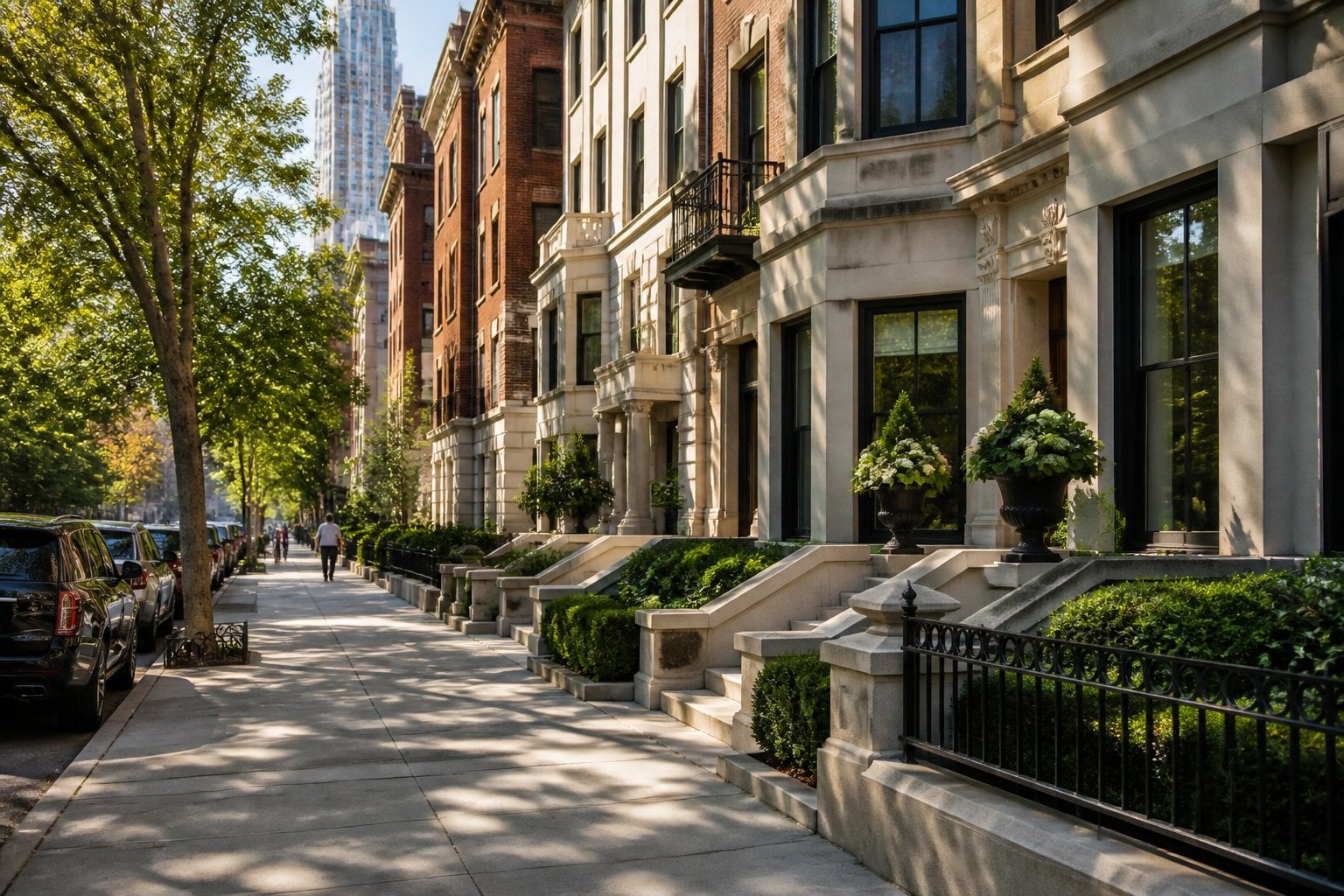 An upscale historic streetscape in Chicago’s Gold Coast neighborhood with elegant buildings, trees, sidewalks, and luxury cars.