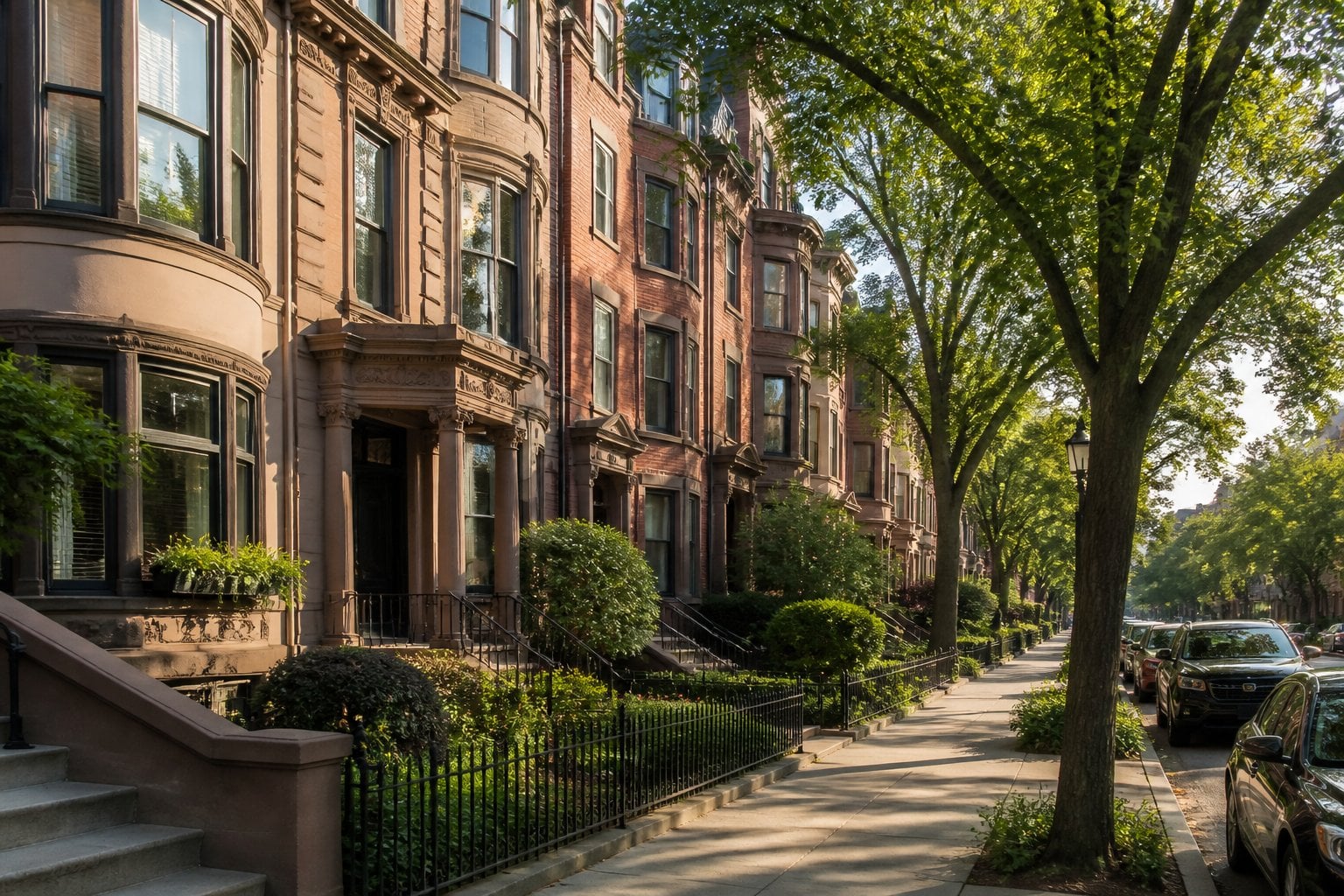 Elegant historic brownstone townhouses line a tree-lined street in Boston's Back Bay neighborhood.