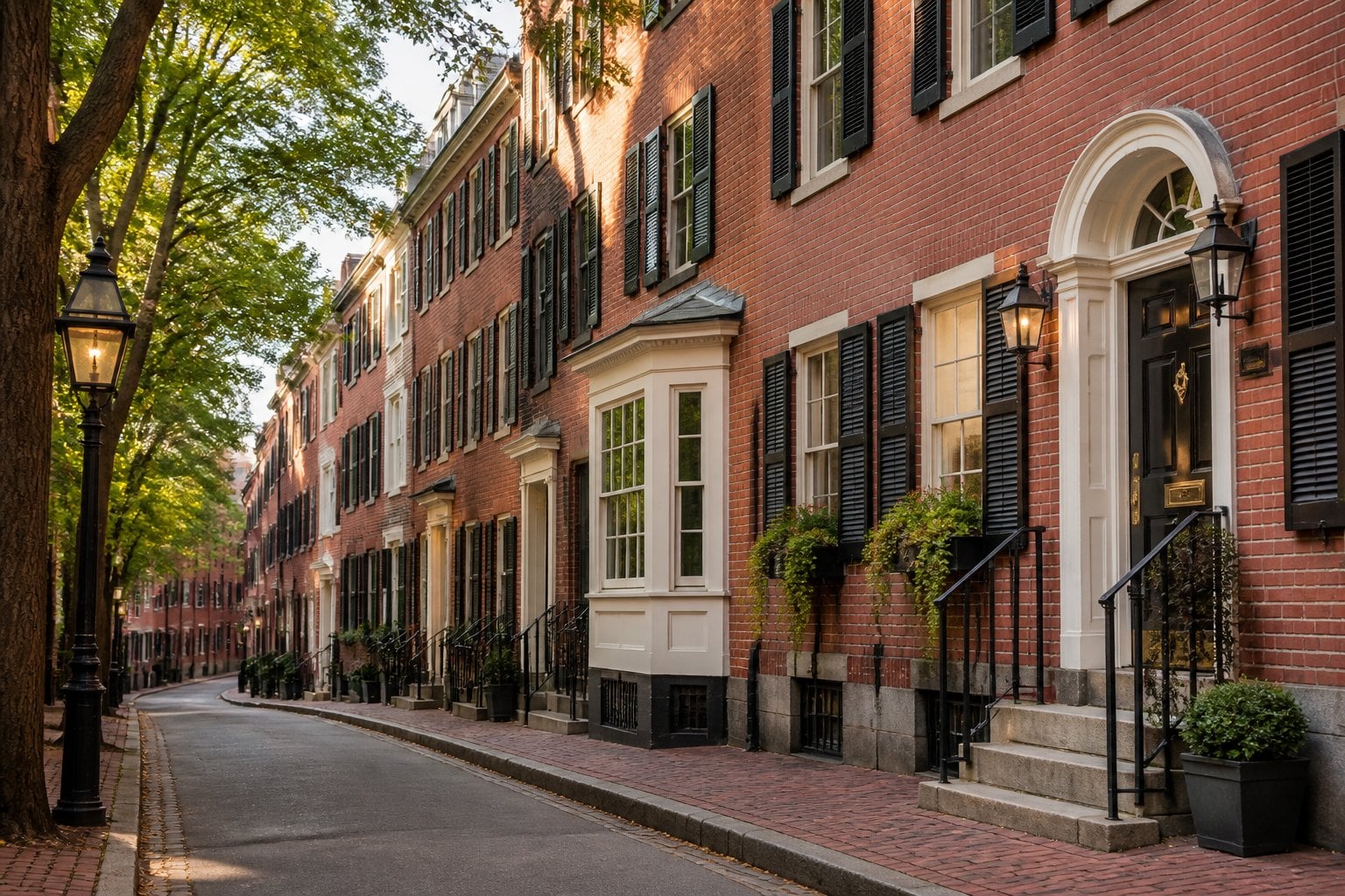 Historic red-brick townhouses line a tree-lined street in Beacon Hill, Boston.