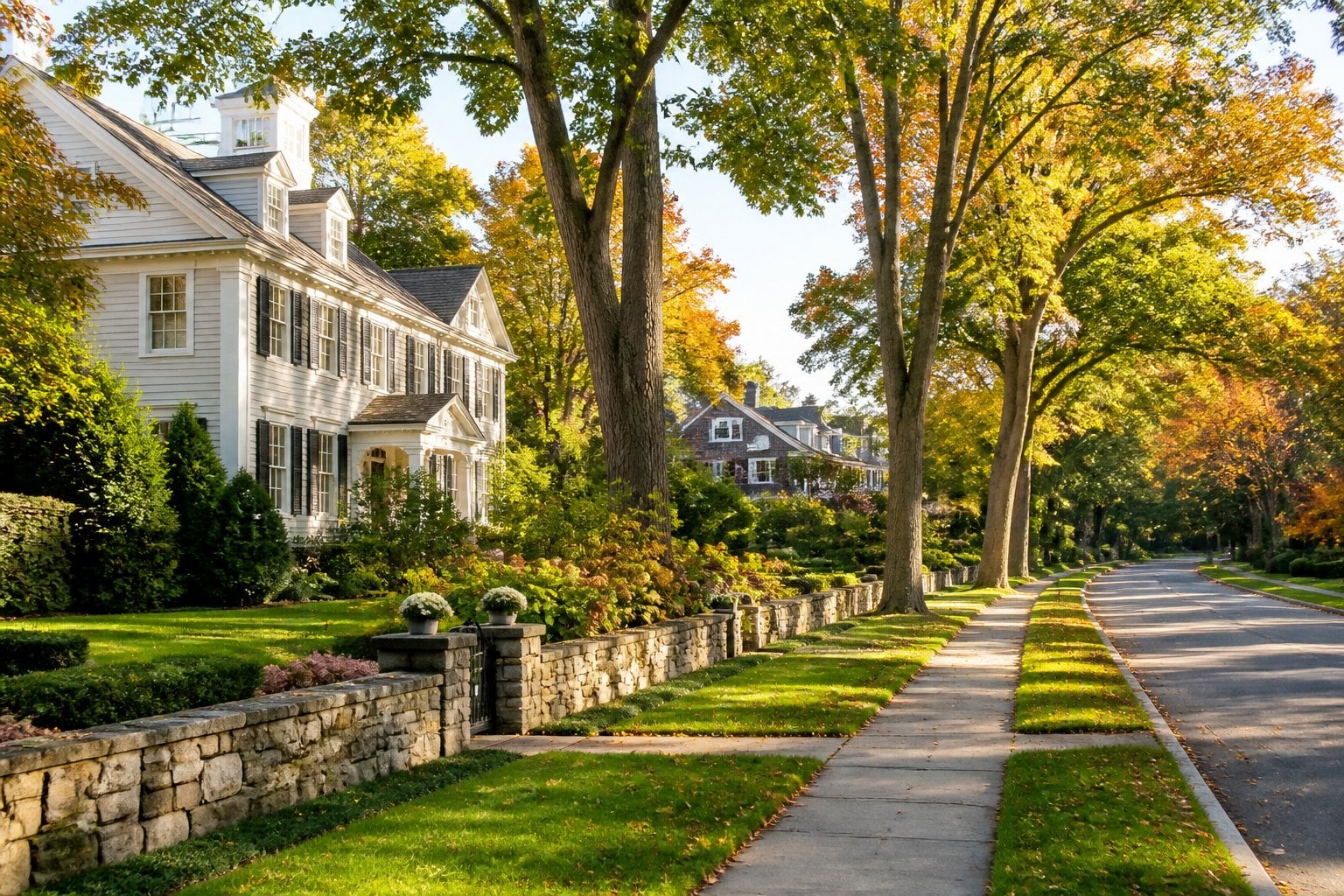 A tree-lined street with elegant homes, manicured lawns, and autumn foliage in Wellesley, Massachusetts.