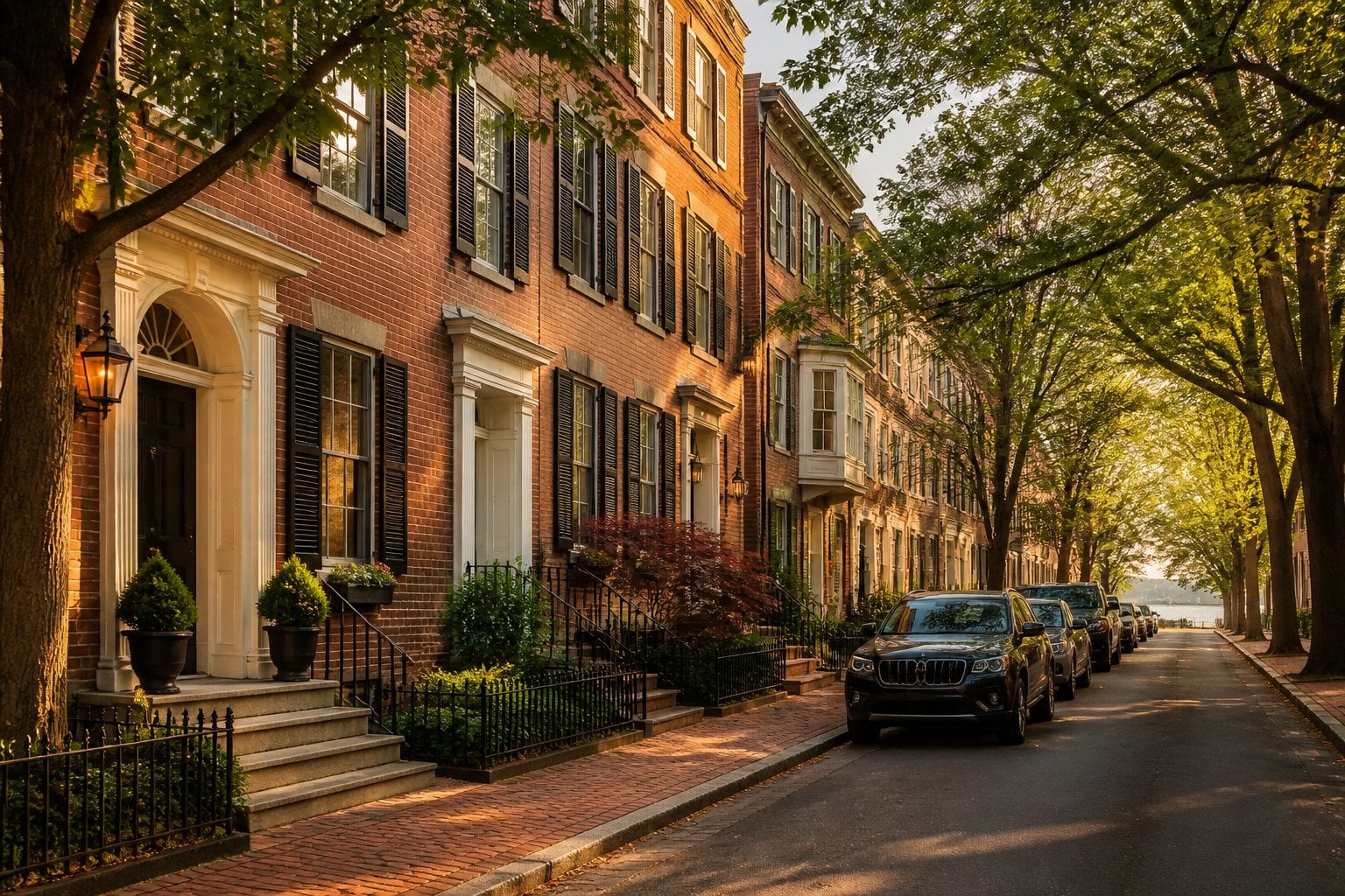 Historic brick townhouses line a leafy, upscale street in Georgetown, Washington, D.C.