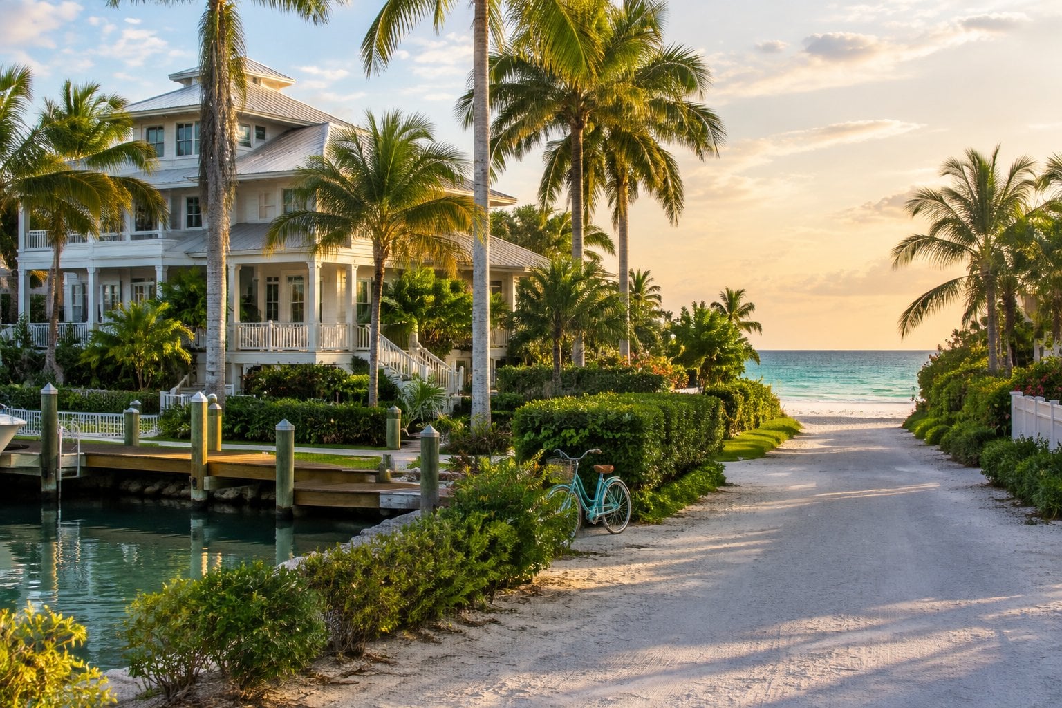 Upscale coastal homes near a sandy beach in Anna Maria, Florida.