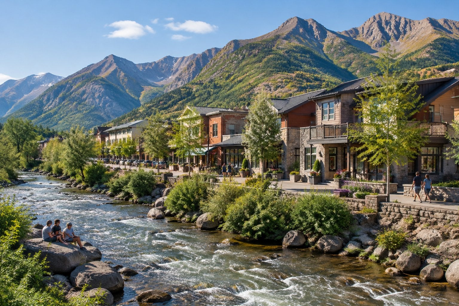 A small Colorado town beside a river, surrounded by mountain peaks.