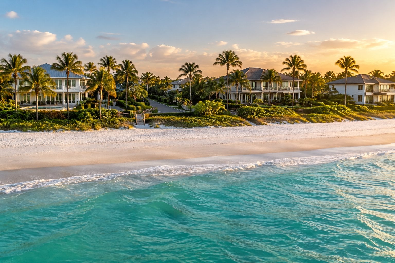 A quiet sandy beach with turquoise water, palm trees, and homes along the shore.