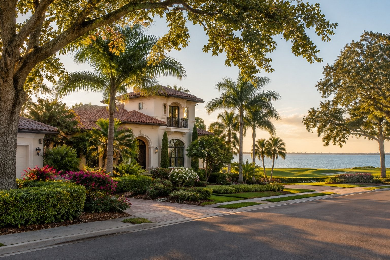 A Mediterranean-style home surrounded by tropical landscaping near the Florida coast.