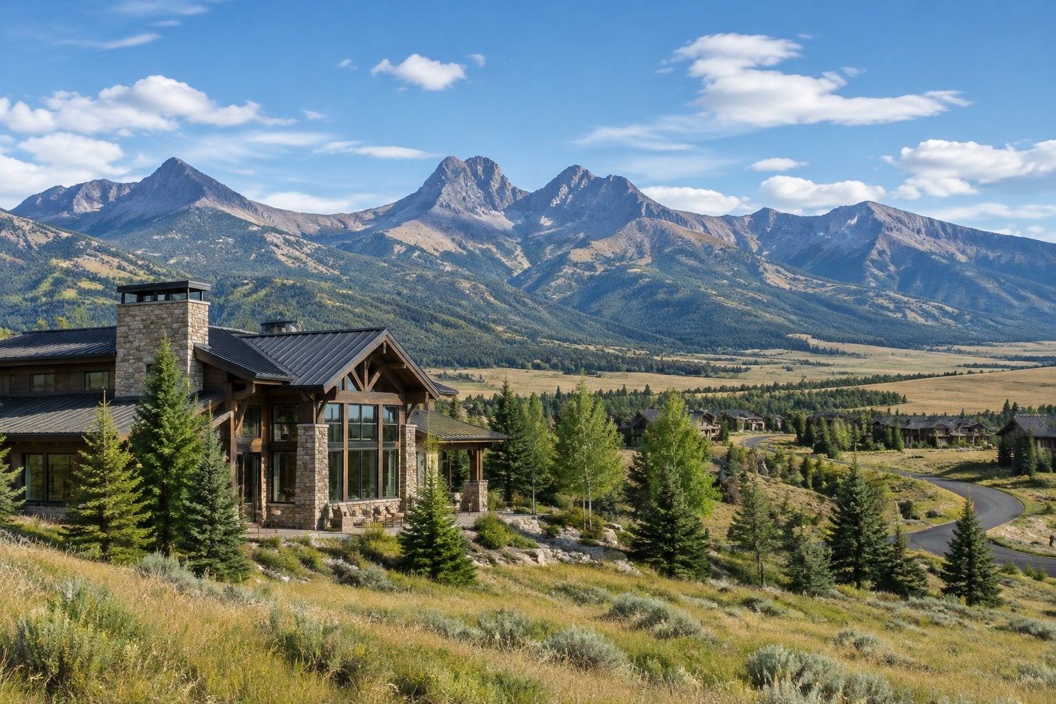 A luxury mountain home in a wide valley beneath the Spanish Peaks near Big Sky, Montana.