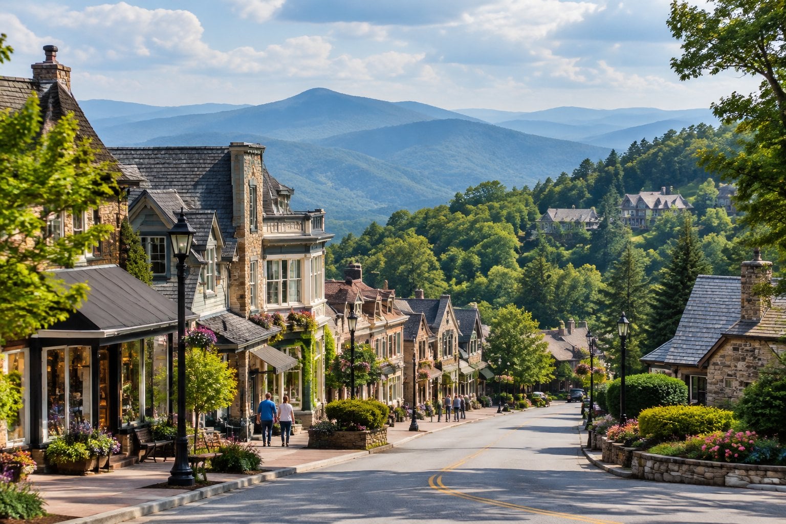 A quiet mountain-town street with shops, trees, and distant Blue Ridge ridges.