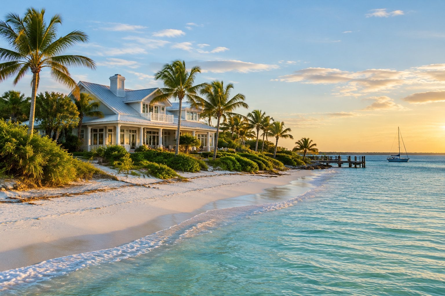 A waterfront home surrounded by palms near a quiet beach in Boca Grande, Florida.
