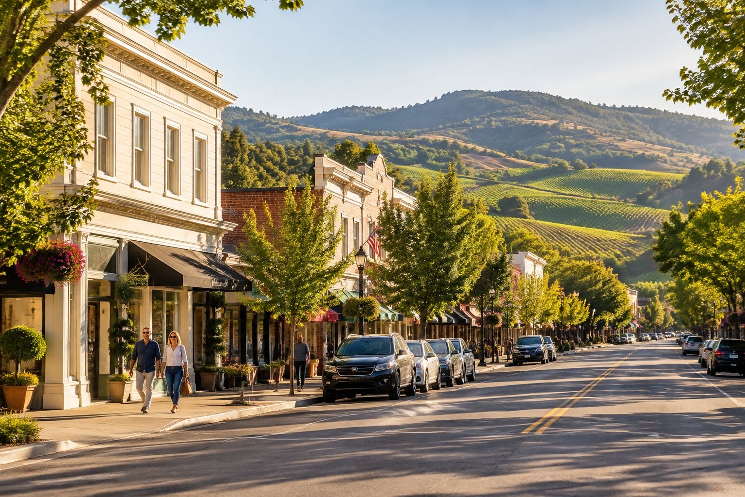 A tree-lined street in Calistoga with historic storefronts and vineyard-covered hills in the distance.