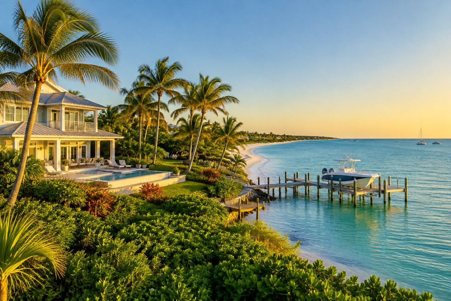 A waterfront home surrounded by palms overlooks calm Gulf waters in Captiva, Florida.