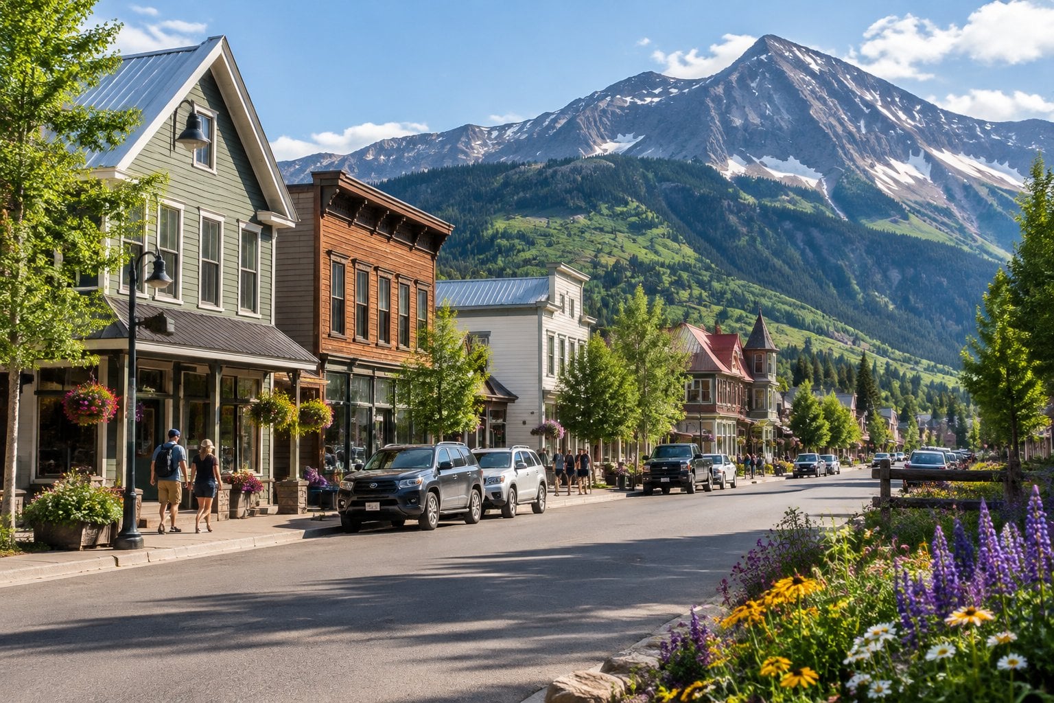 A mountain town with colorful buildings beneath the Rocky Mountains.