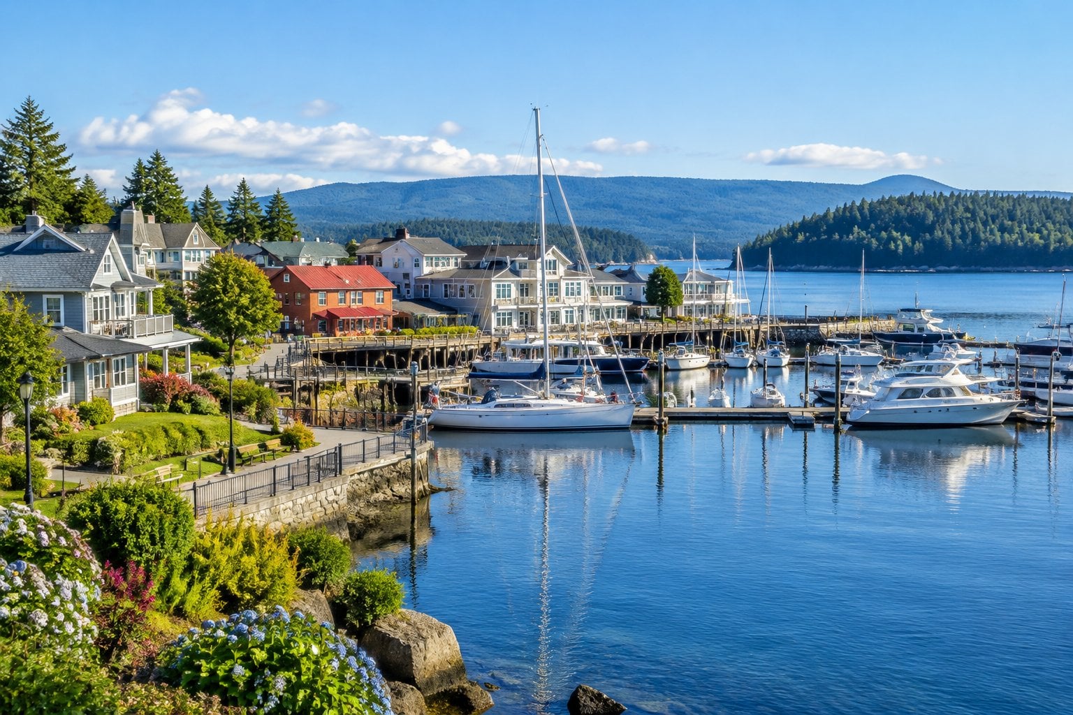 A small island town and marina beside calm water, with sailboats and green hills in the distance.