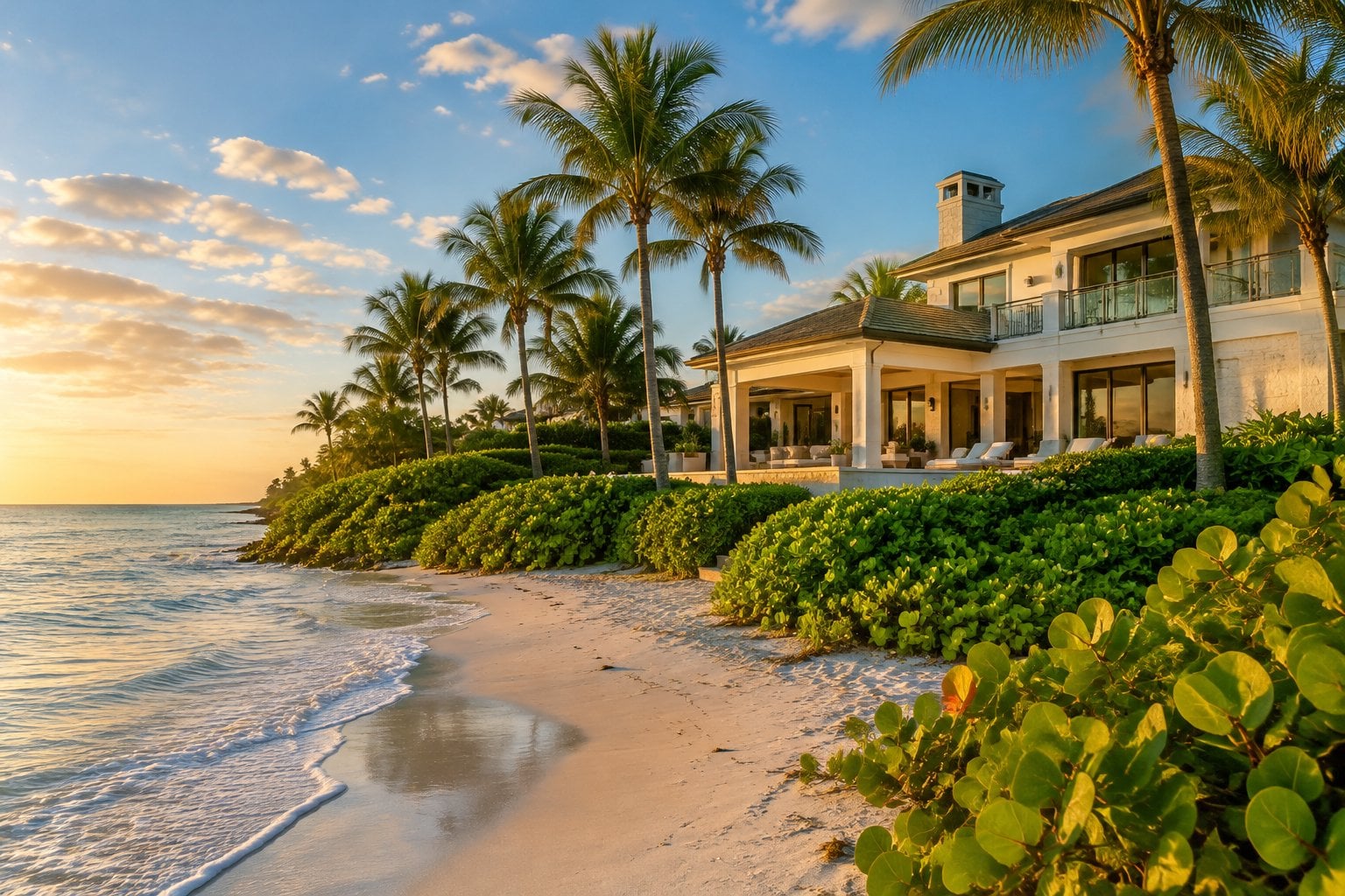 A luxury coastal home surrounded by tropical landscaping beside a sandy beach in Gulf Stream, Florida.