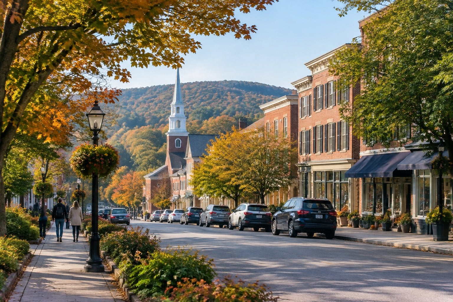 A leafy New England town center with brick buildings, storefronts, pedestrians, and wooded hills.