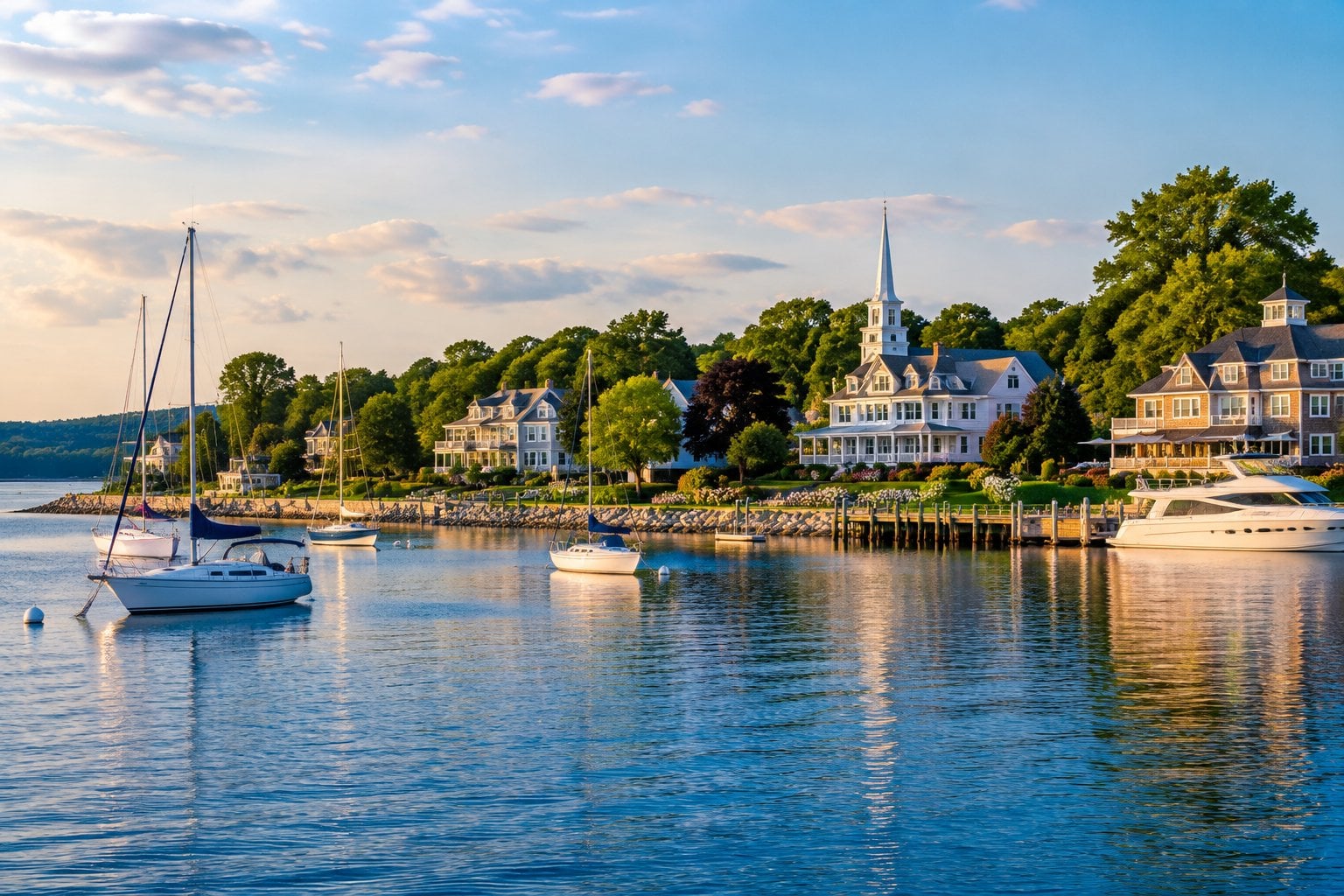 Sailboats and elegant homes line the waterfront in Harbor Springs, Michigan.