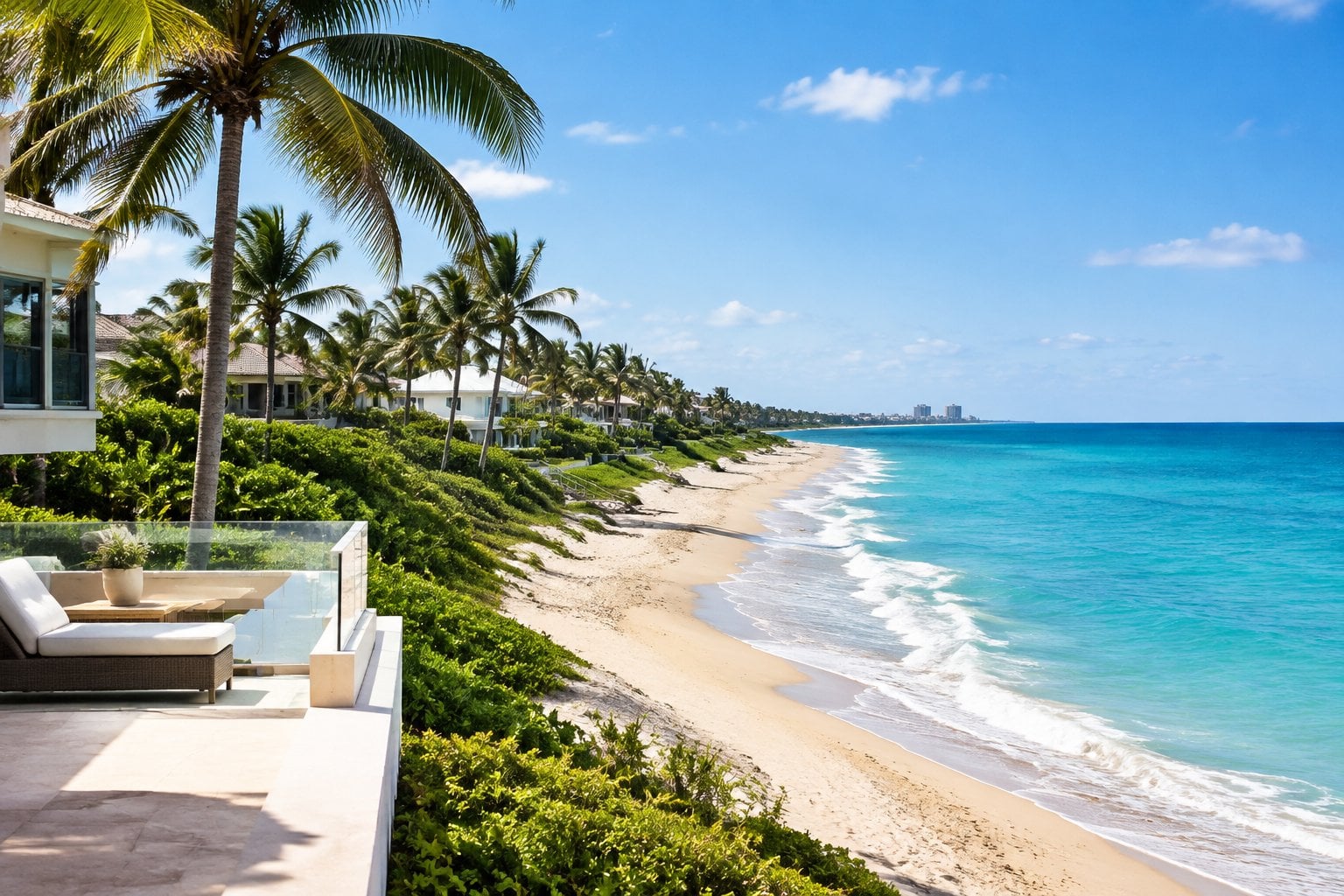 A quiet Florida beach with turquoise water, palm trees, and oceanfront homes.