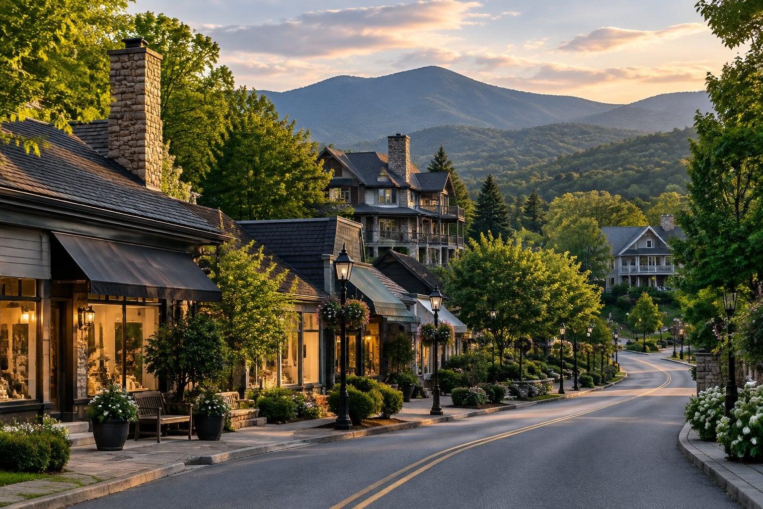 A charming downtown street in Highlands, North Carolina, surrounded by wooded mountains.