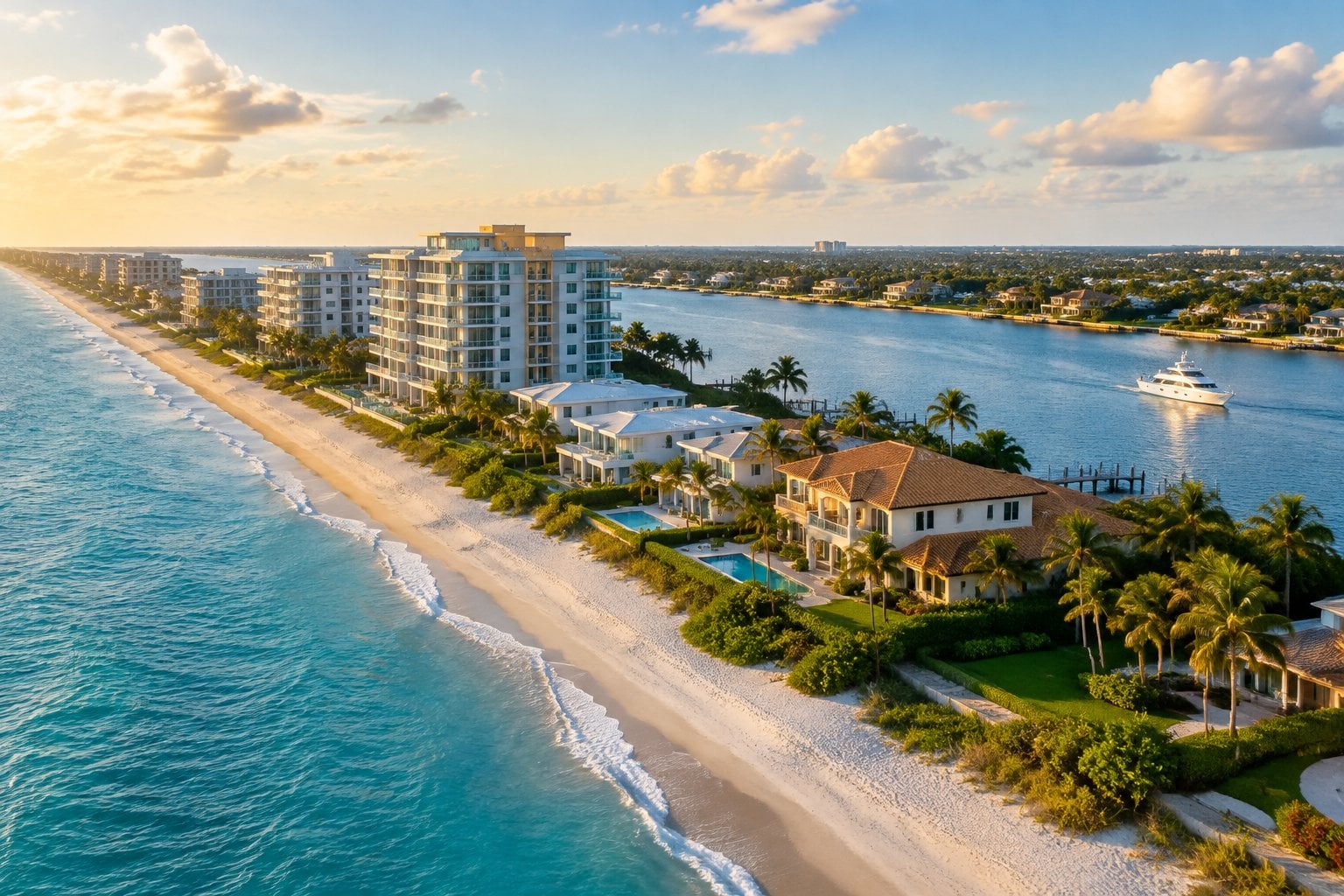 Upscale homes and condominiums along the beach in Hillsboro Beach, Florida.