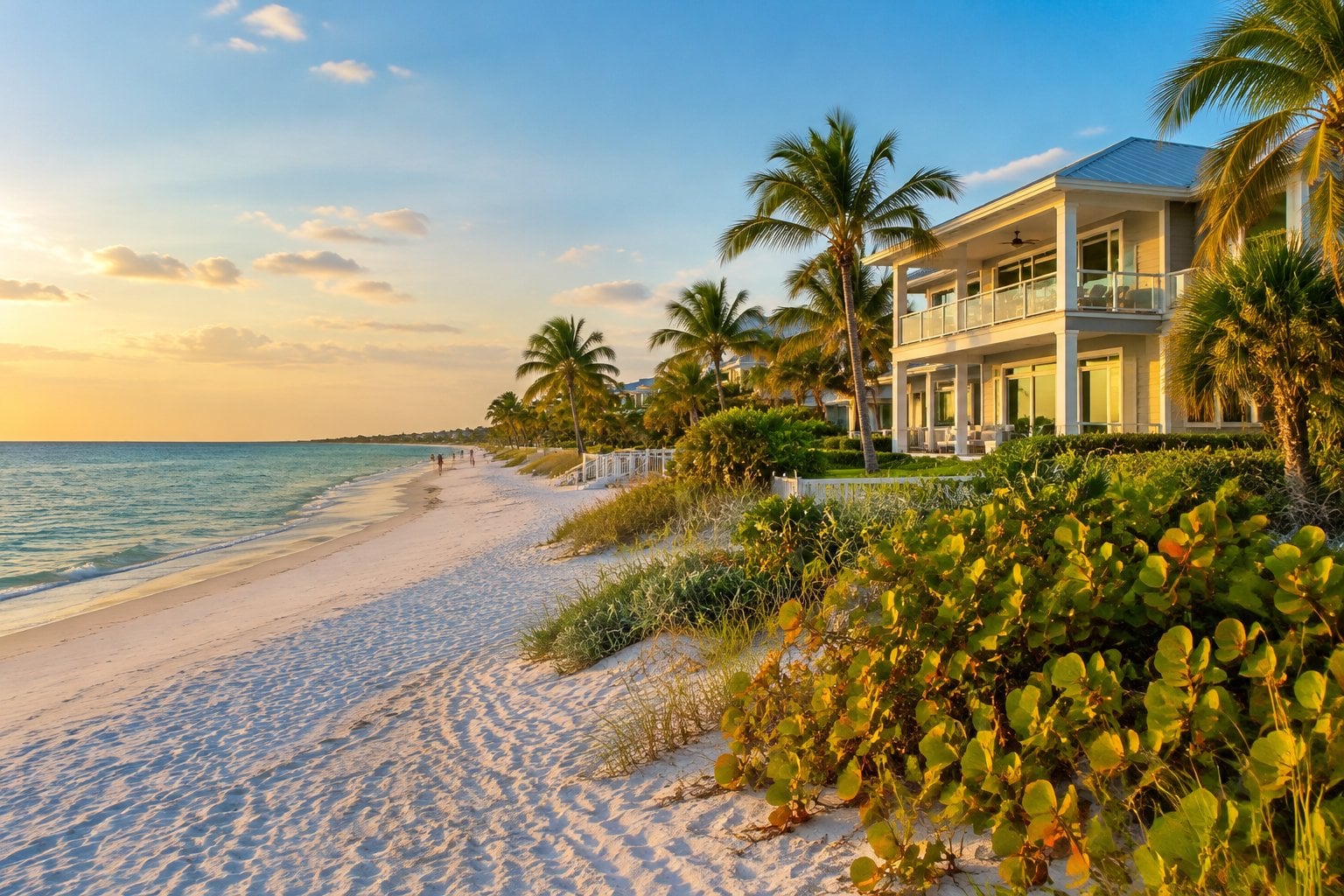 A modern beachfront home overlooks the sandy shore and turquoise Gulf waters.