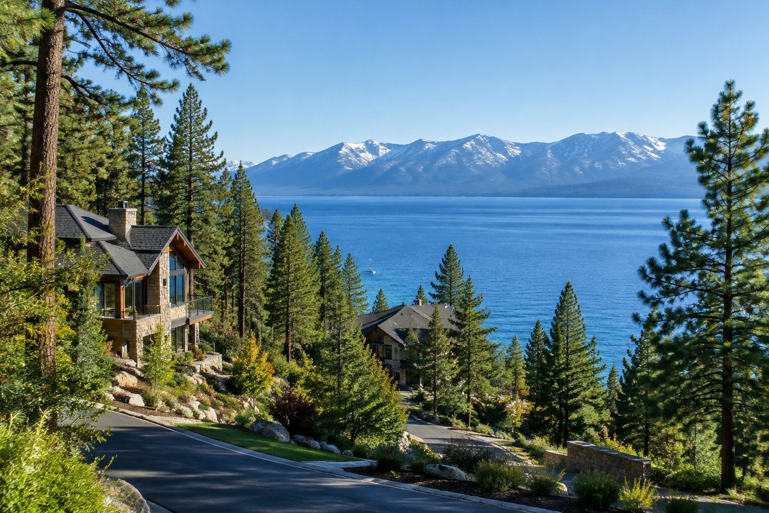 Mountain homes among pine trees overlooking Lake Tahoe.