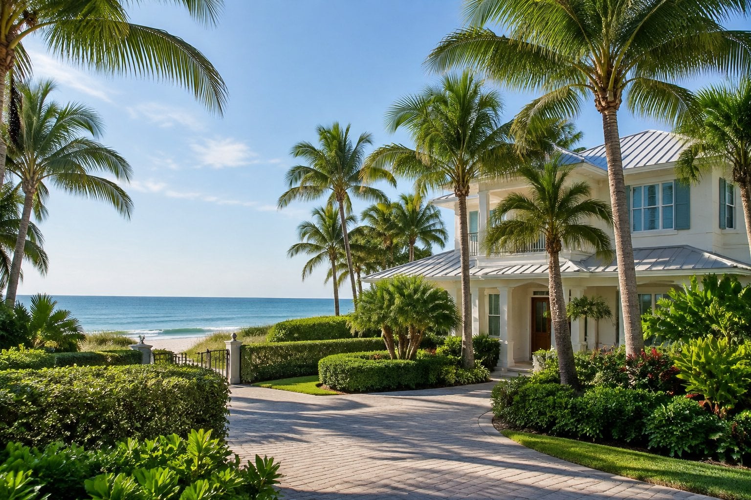 A coastal home surrounded by palm trees near a sandy beach.