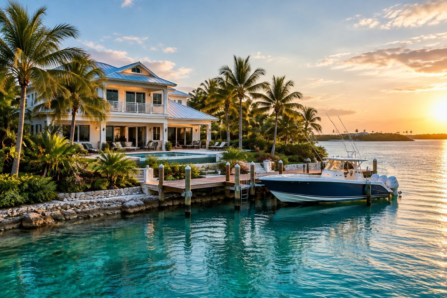 A waterfront home with a dock and boat beside turquoise water in Islamorada.