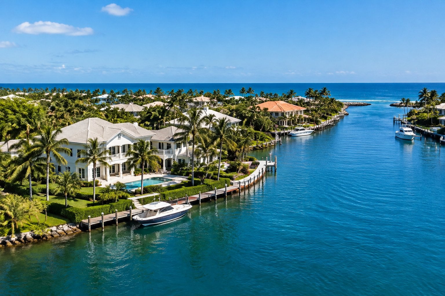 Upscale waterfront homes, palm trees, and boats along a sunny Florida inlet.