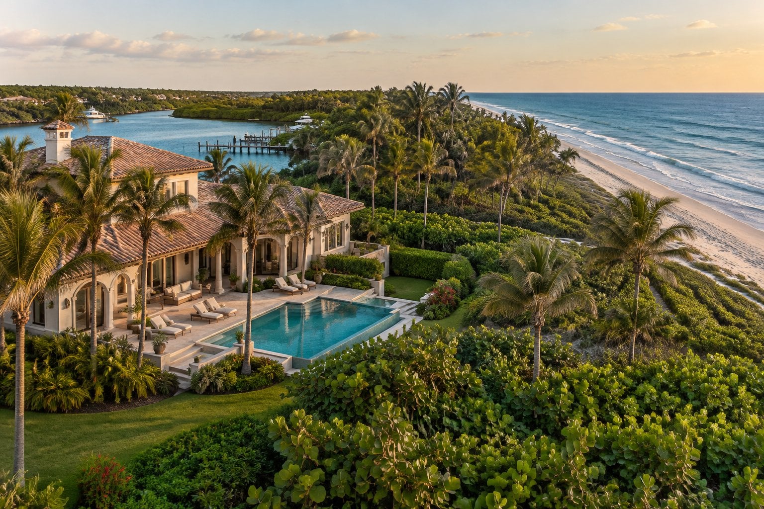 A luxurious waterfront estate surrounded by tropical landscaping on Jupiter Island.