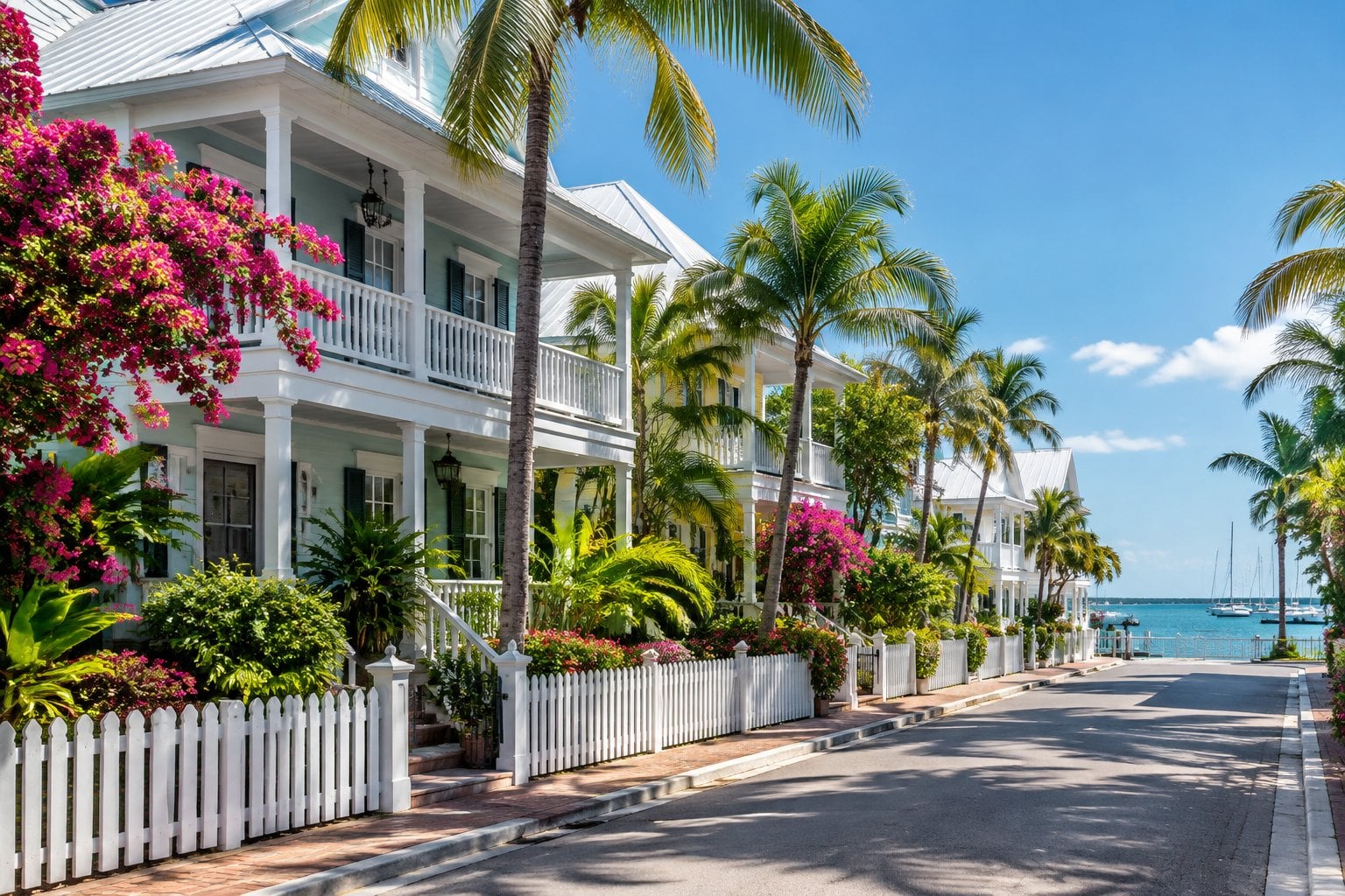 Pastel homes and tropical gardens along a sunny Key West street.