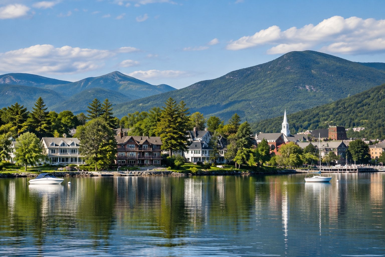 Lakefront homes beside Mirror Lake with the Adirondack Mountains in the background.