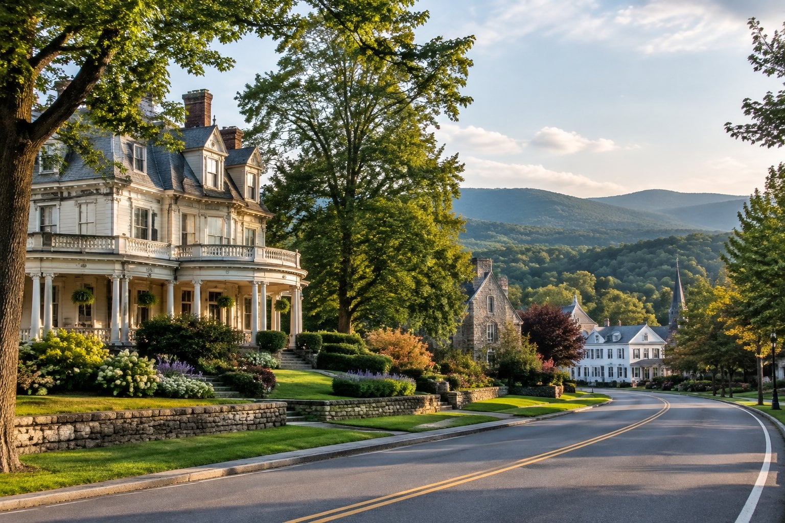 A grand historic mansion stands among trees and gardens on a quiet village street.