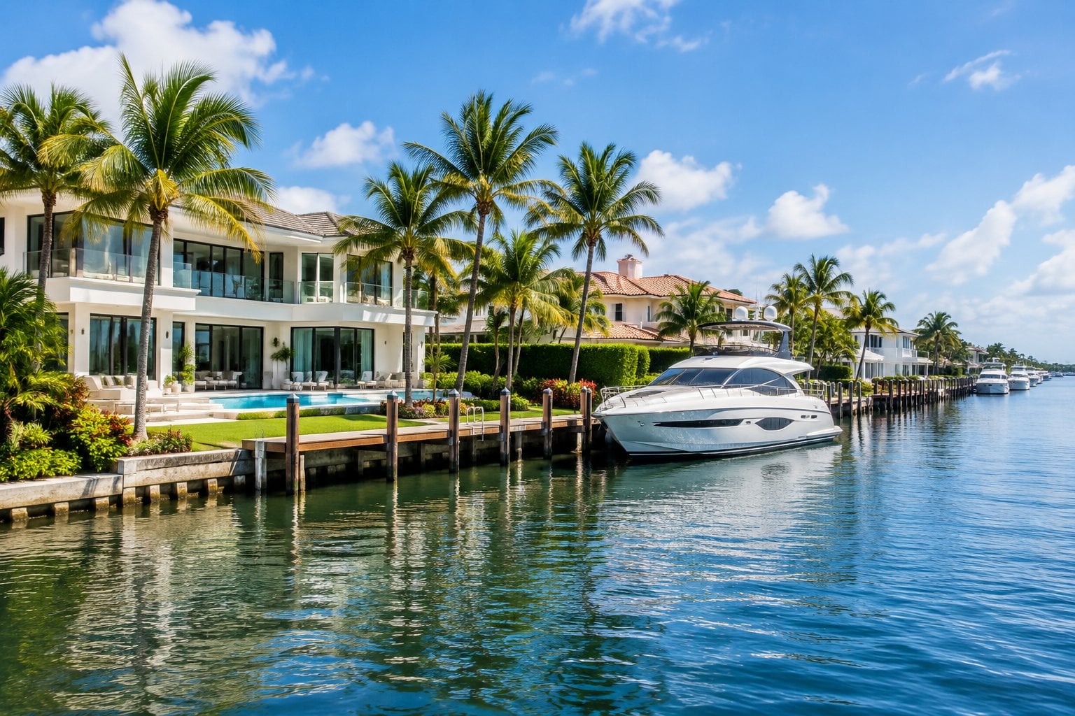 Upscale waterfront homes and a yacht along a palm-lined canal in Lighthouse Point, Florida.