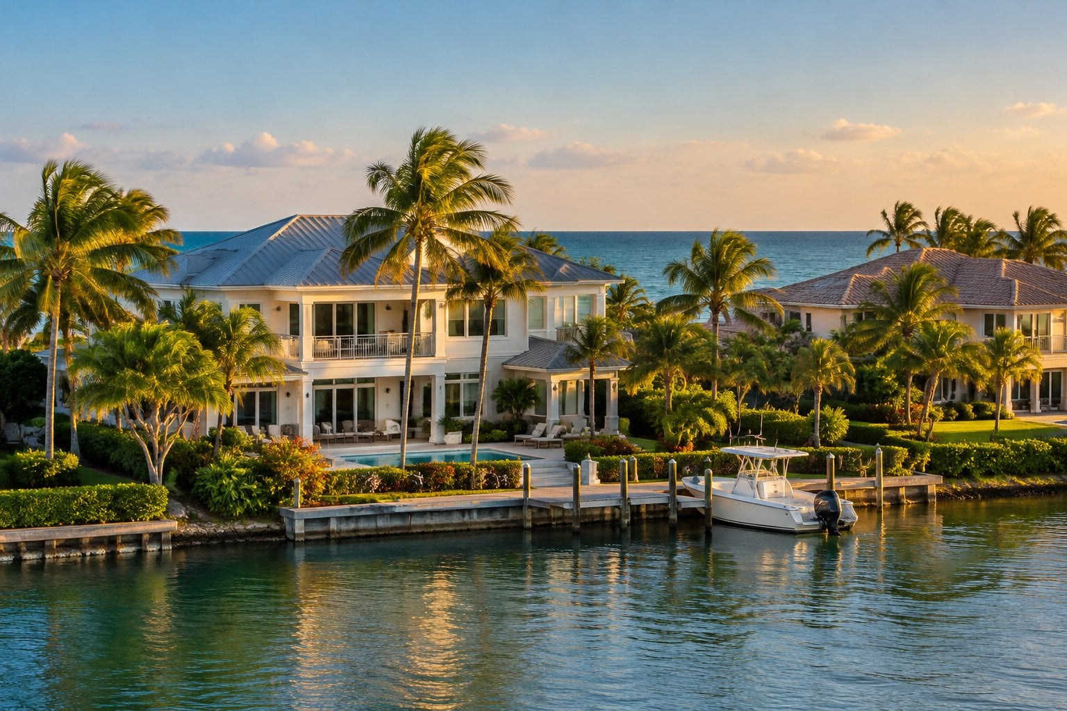 Luxury waterfront homes and palm trees beside a calm canal in Longboat Key, Florida.