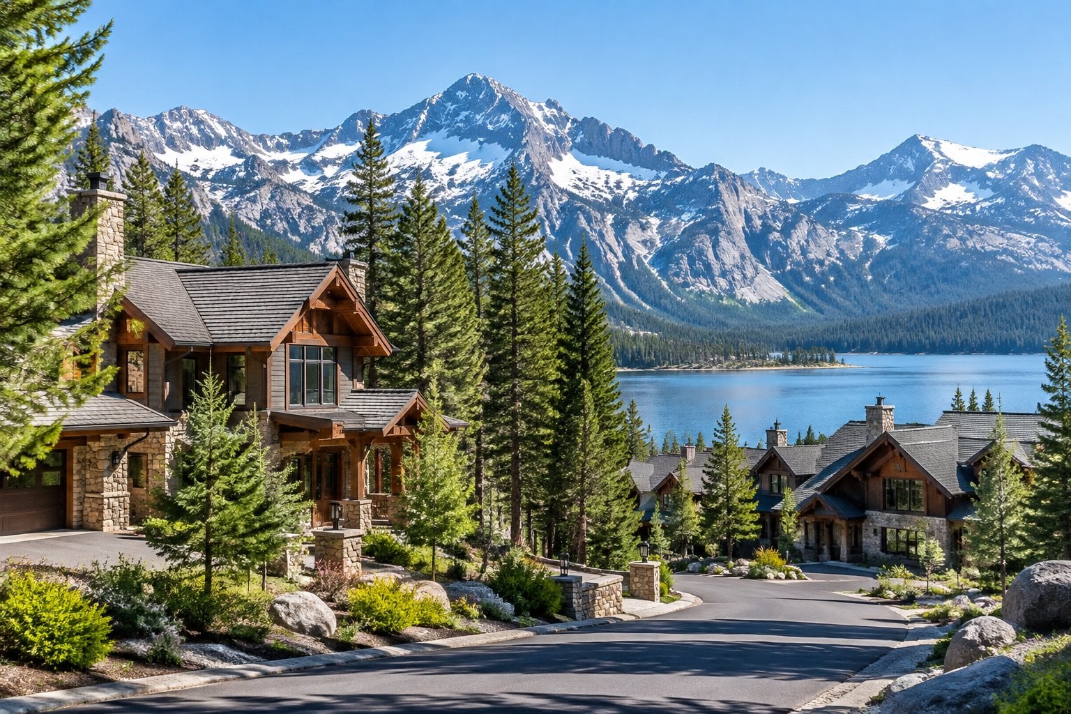 Upscale homes among pine trees beneath the Sierra Nevada mountains near a mountain lake.